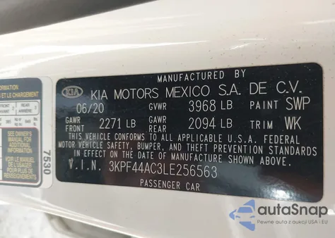 2020 Kia Forte Gt from USA, damaged, VIN 3KPF44AC3LE256563